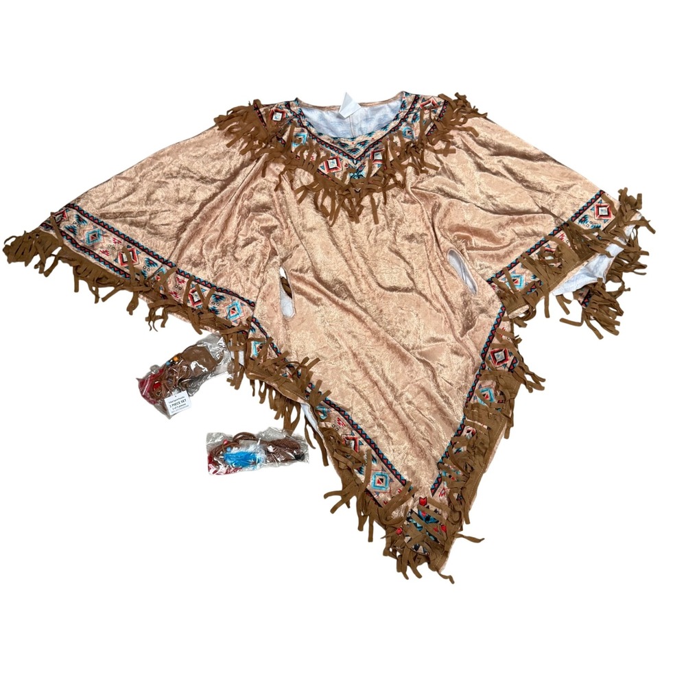 Kids Native‎ American Costume Poncho Fringe Headband Halloween Cosplay 10/12